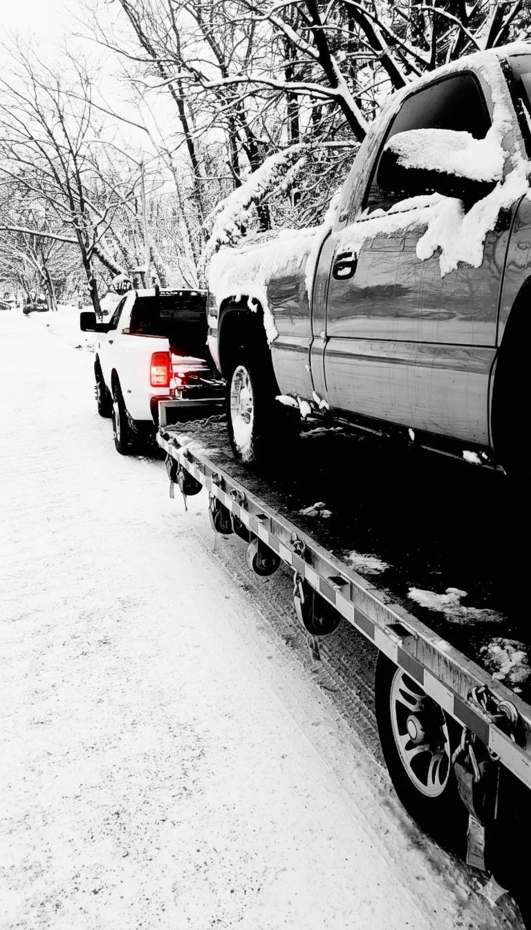 A black and white photo of a tow truck carrying a snow-covered pickup truck on a snowy road.