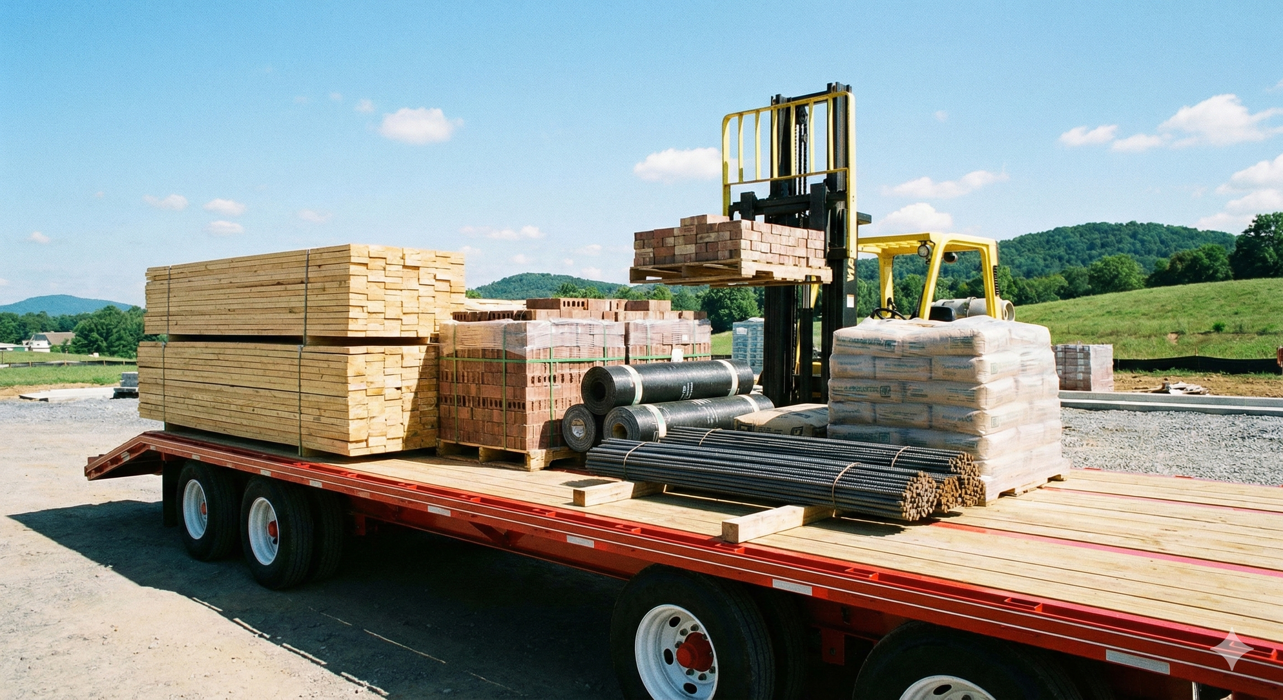 Flatbed truck on a construction site holding stacks of wood, bricks, pipes, metal rods, and bags of cement with a scenic countryside background.