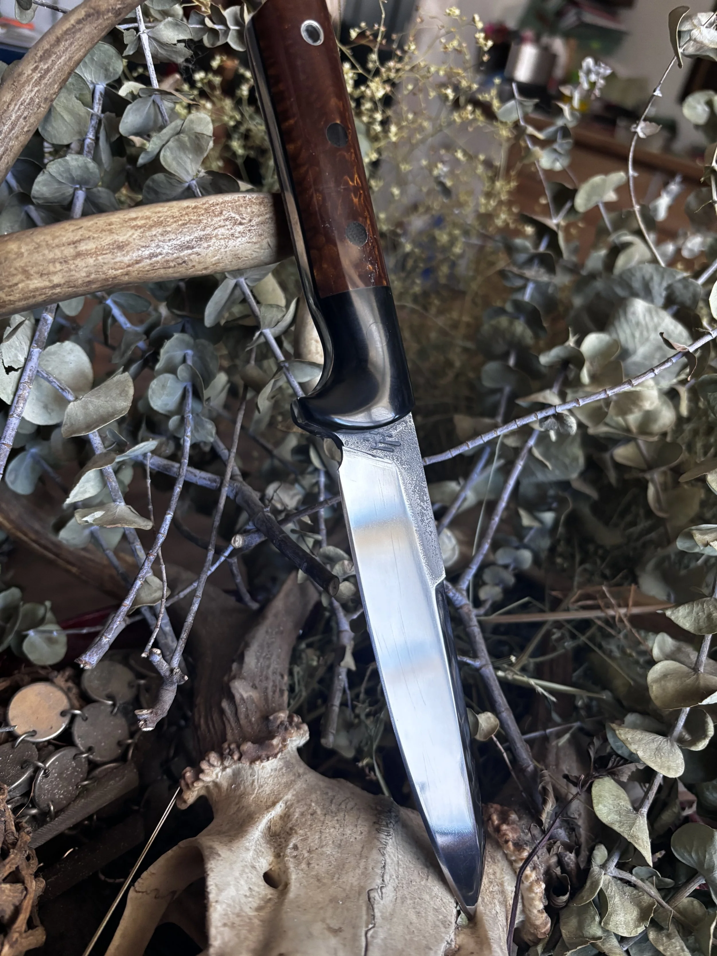 154CM Stainless Hunter Style Black Paper Micarta and Golden Dragon Juma