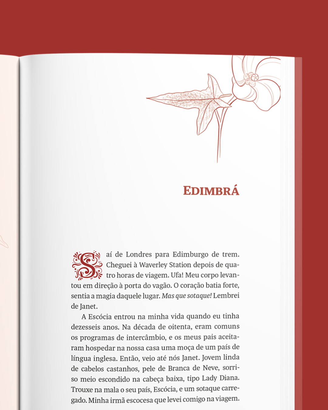 Página de livro com título 'Edimbra' e texto em português sobre uma viagem à Escócia, acompanhado de uma ilustração de uma flor no canto superior direito.
