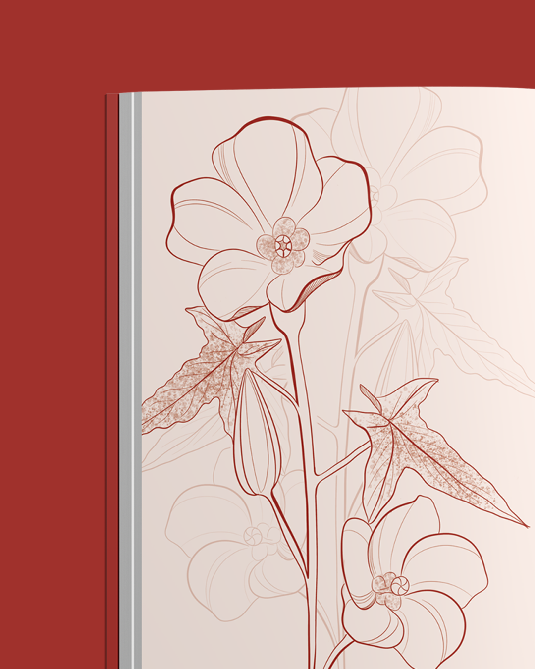 Página de livro com ilustração de flores e folhas em linhas delicadas, com fundo claro e margem vermelha à esquerda.