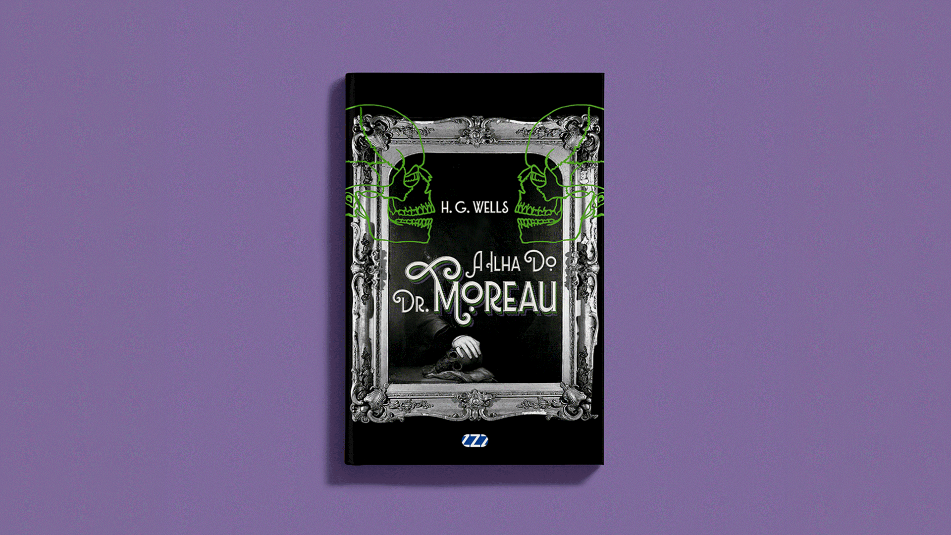Capa do livro 'A Alma do Dr. Moreau' de H.G. Wells, com fundo preto, moldura de espelho antiga e desenhos de caveiras verdes.