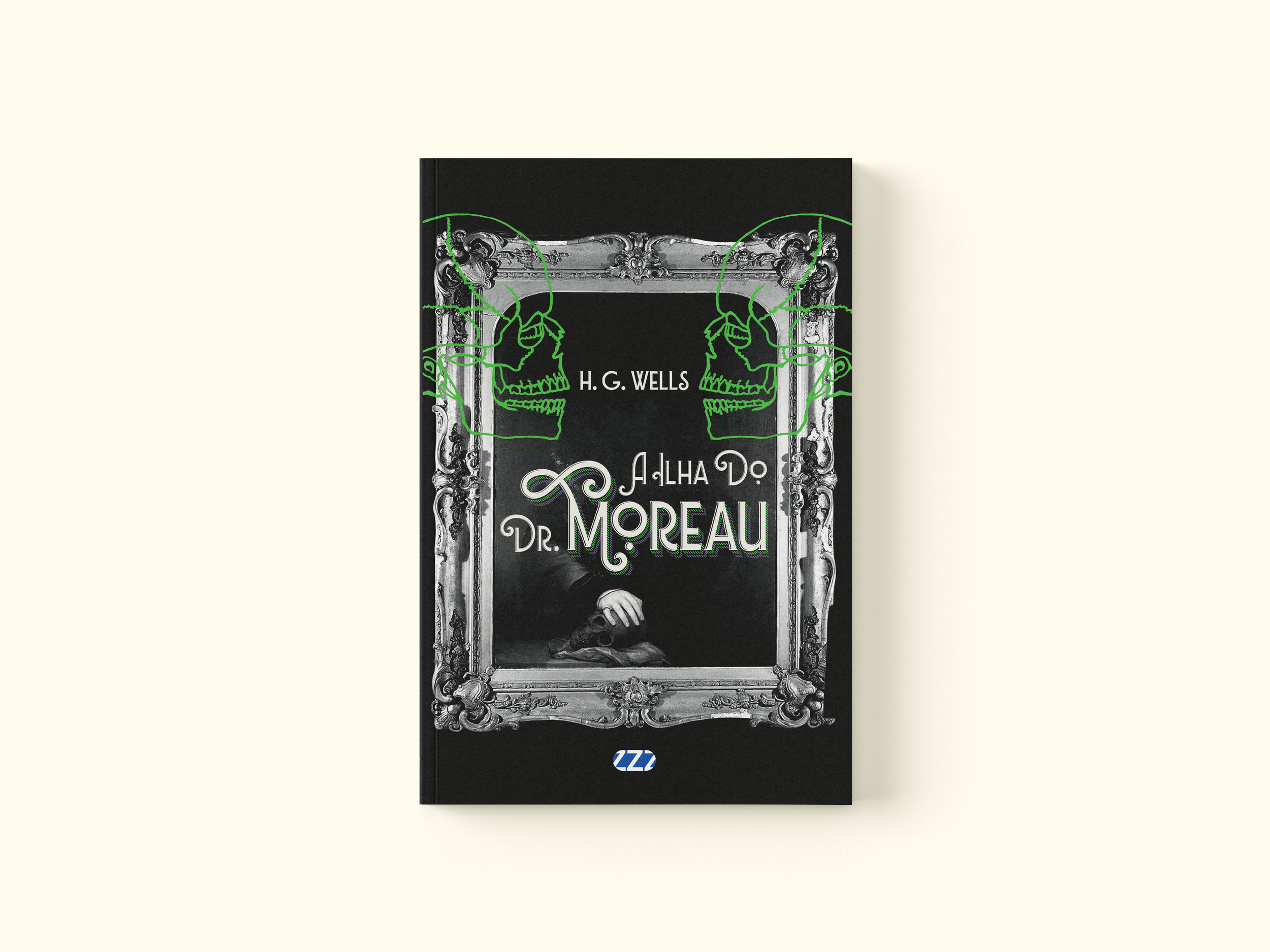 Capa do livro 'A Ilha do Dr. Moreau' de H. G. Wells, com uma moldura ornamentada e ilustrações de caveiras verdes e mão segurando uma caveira, em fundo preto.