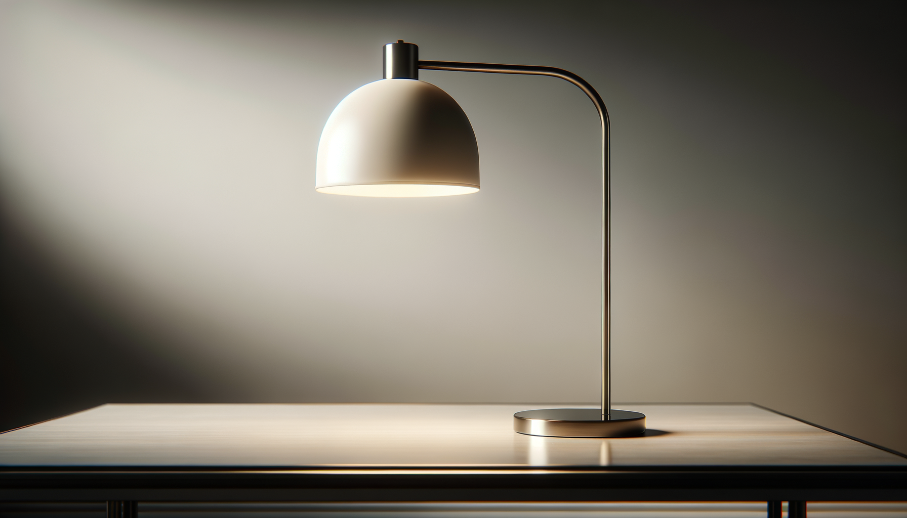 Metal desk lamp with a curved arm and large rounded shade, turned on and illuminating a surface, against a gradient background.