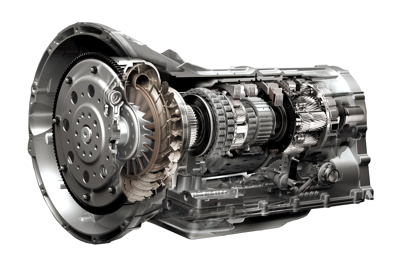 A detailed, cutaway view of a car transmission system showing various gears, shafts, and mechanical components.