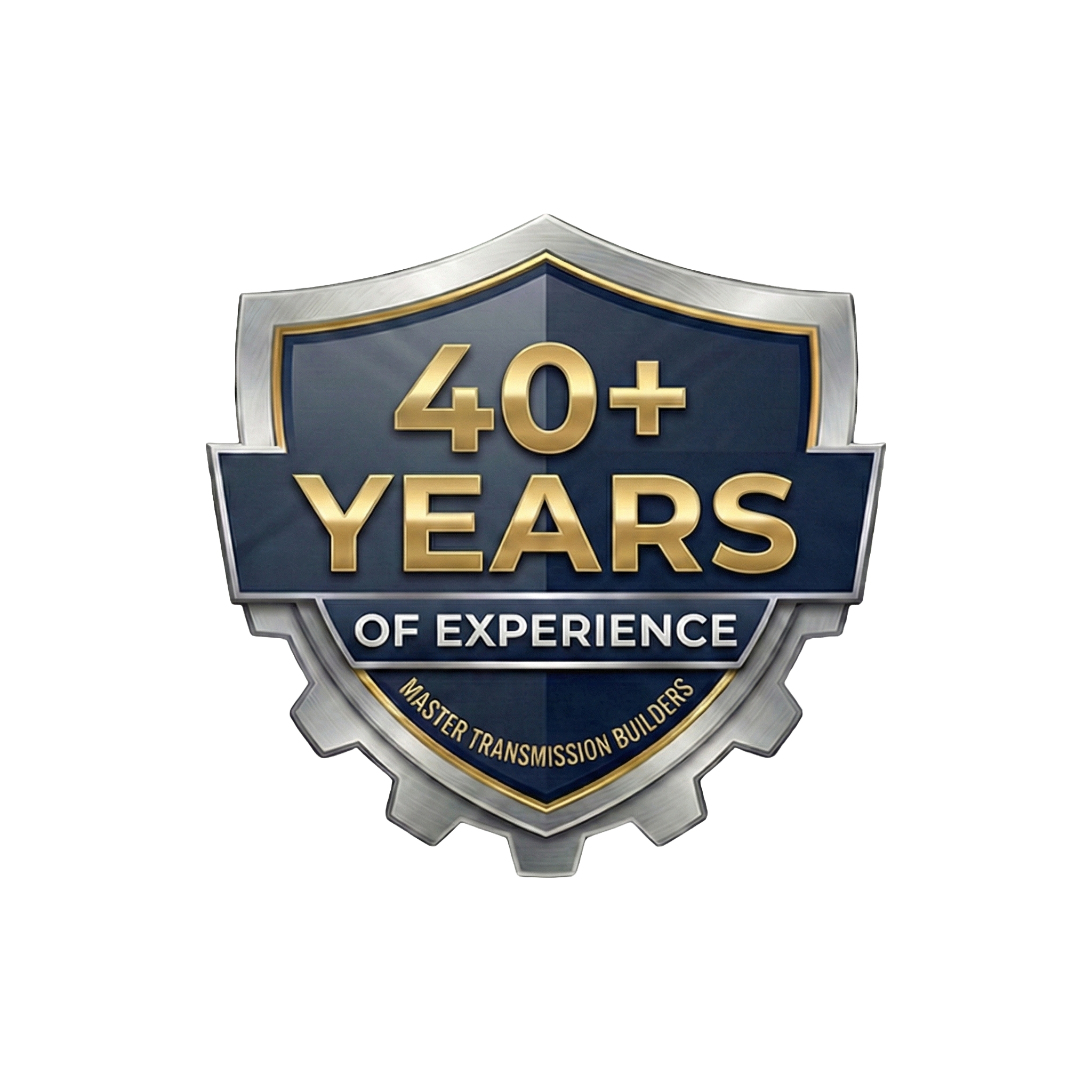 Silver and blue shield badge with gold lettering stating "40+ Years of Experience" and a banner at the bottom reading "Master Transmission Builders."