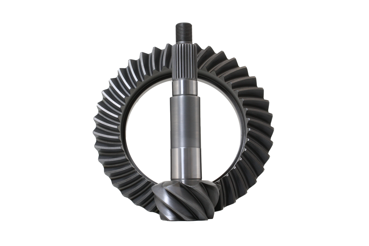 A metal gear and pinion gear assembly.