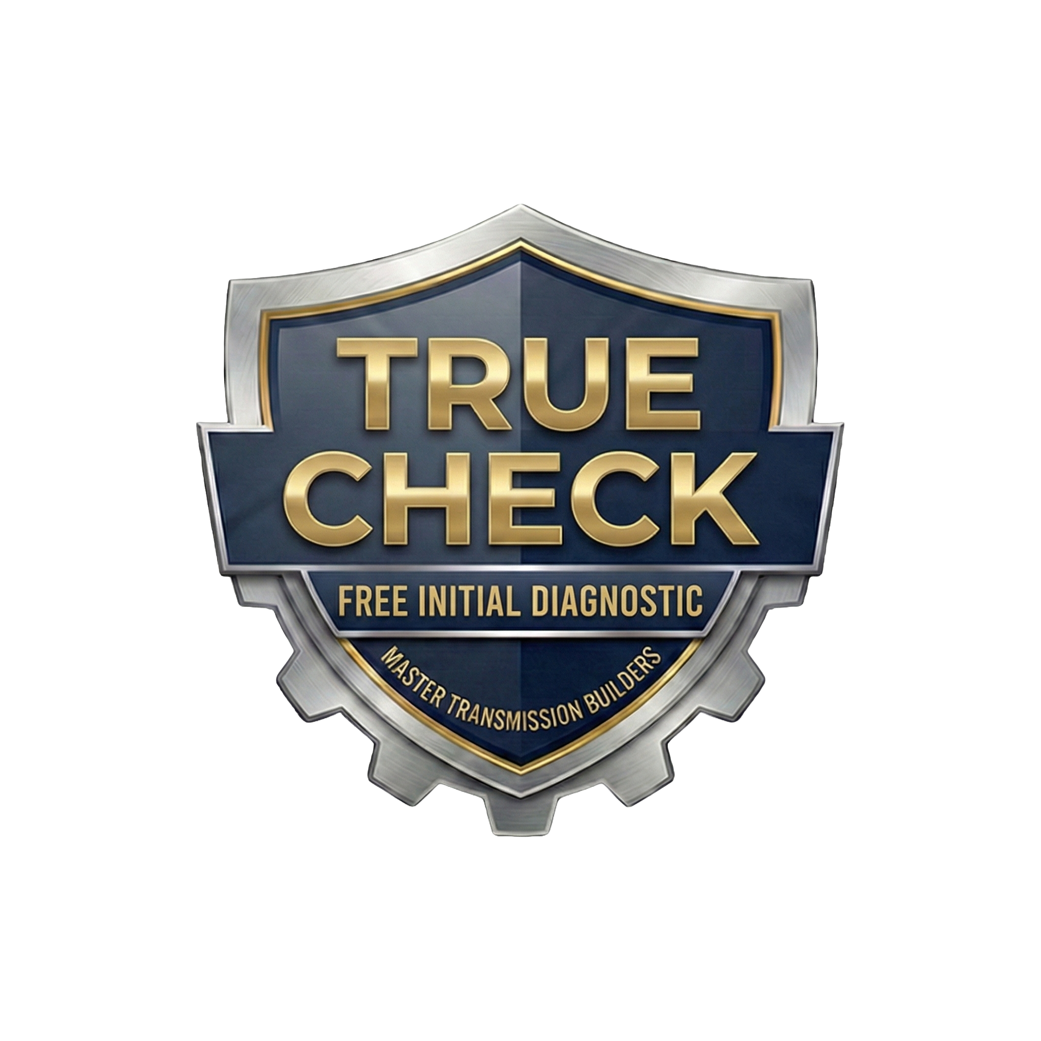 A badge with a metallic finish that reads 'True Check, Free Initial Diagnostic, Master Transmission Builders'.
