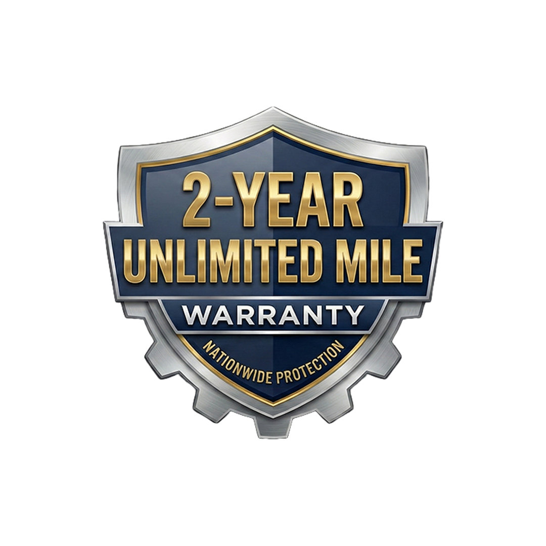 A badge-shaped graphic offering a 2-year unlimited mile warranty with nationwide protection