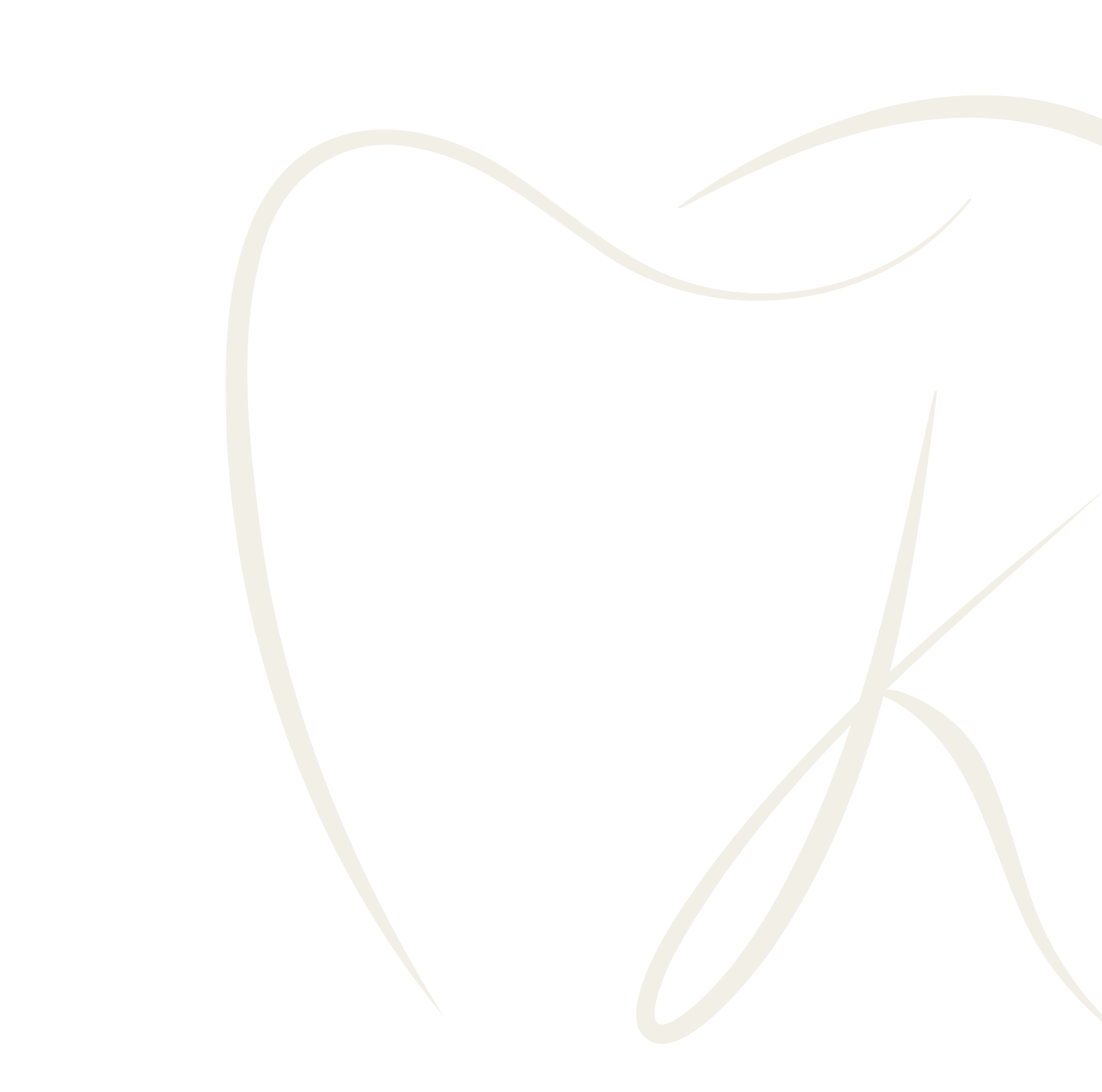 A tan lineart of a tooth with a stylized letter 'K' inside.