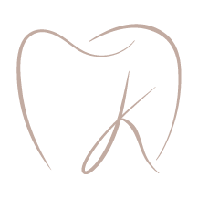 A tan lineart of a tooth with a stylized letter 'K' inside.