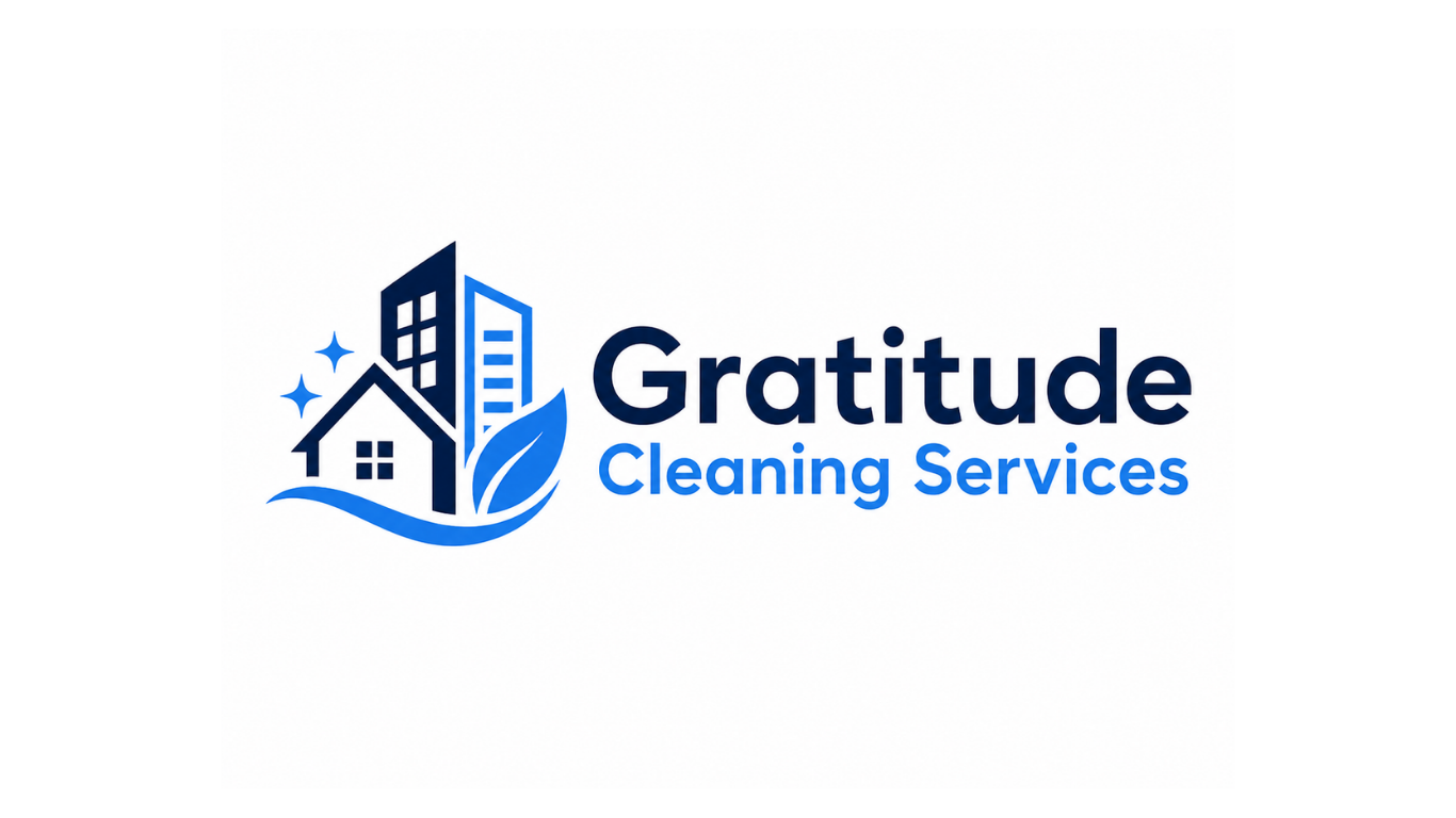 Logo for Gratitude Cleaning Services featuring a house, skyscraper, leaf, and sparkles in blue and black text.