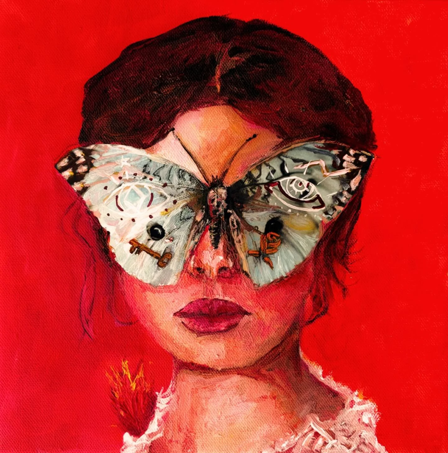 Inner Flame. Acrylic on canvas. SOLD📍 This is the first piece from my new series, Mystics-The Hidden Gaze . My work is about letting go of what no longer serves you and embracing personal transformation. Moths undergo metamorphosis, making them a po