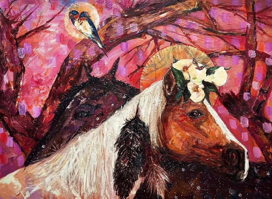 Kindred Spirits. Oil and acrylic on canvas. Available. Love the way this one glows. #horses #ghosts #painter #eastaustinartist #oilpainting