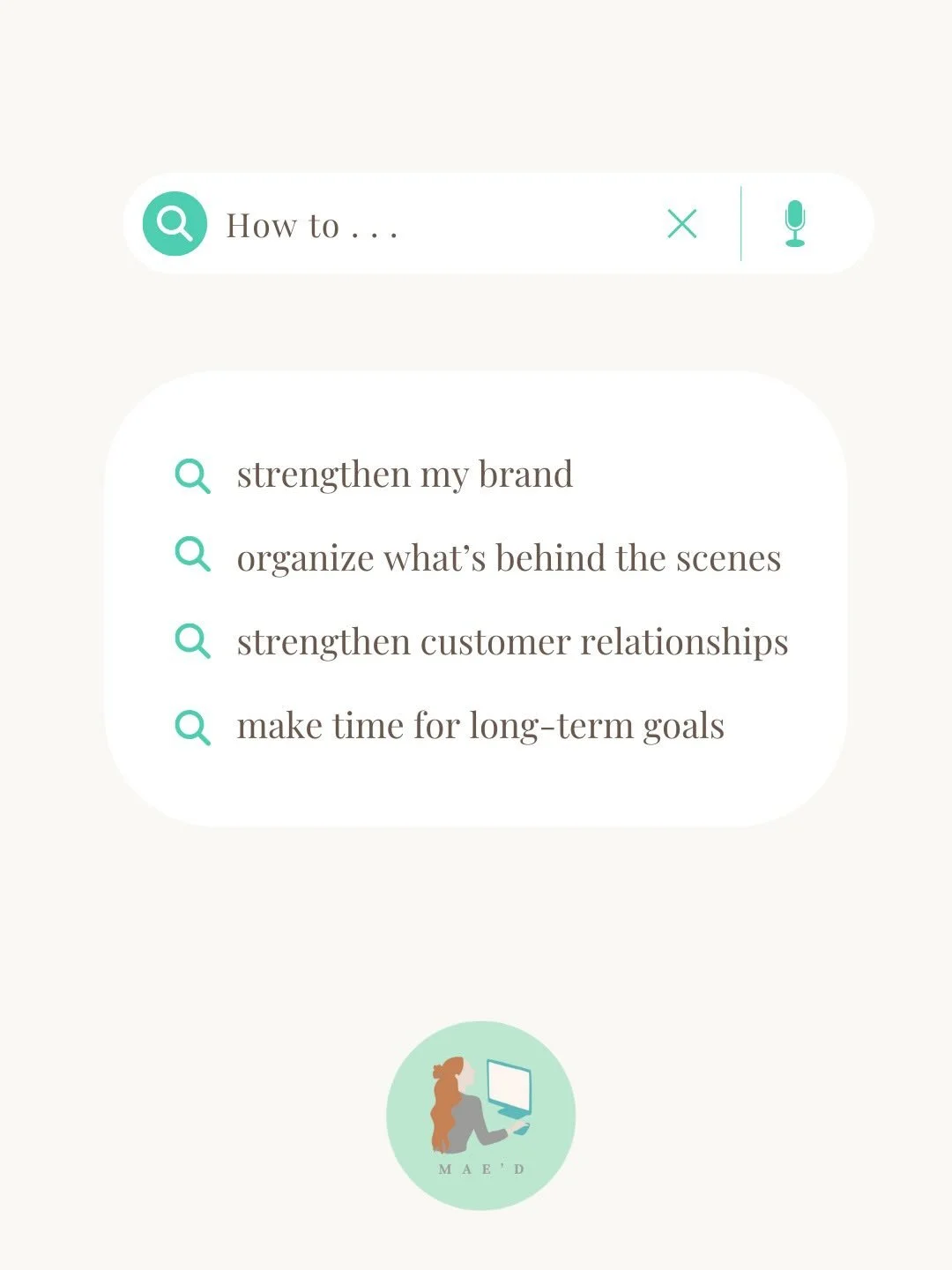 Big goals lose steam when the behind-the-scenes feels chaotic, unclear, or rushed. 

Mae&rsquo;d helps simplify, organize, and polish so you can get back to what matters most. When the foundational pieces finally supports what you&rsquo;re building, 