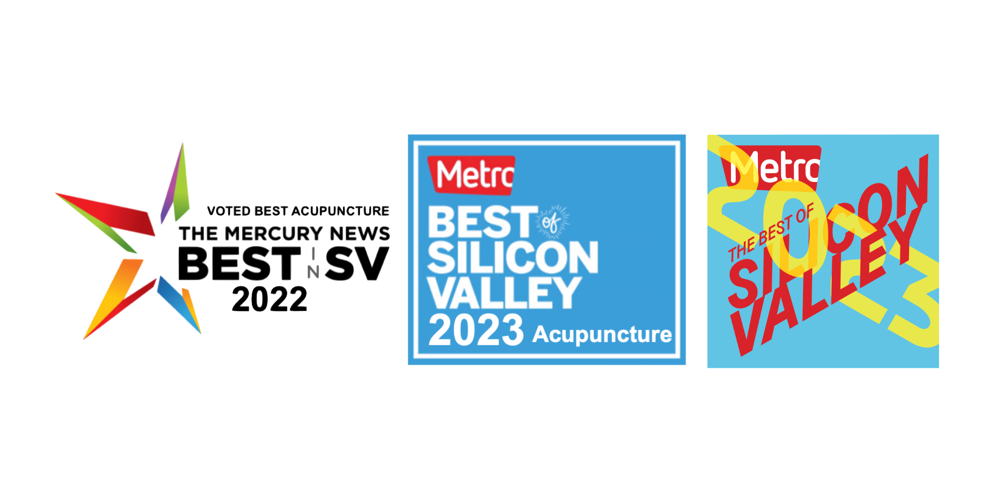 Collection of awards and recognitions from Metro highlighting the best acupuncture services from 2022 and 2023 in Silicon Valley and being named the best of Silicon Valley in 2023.