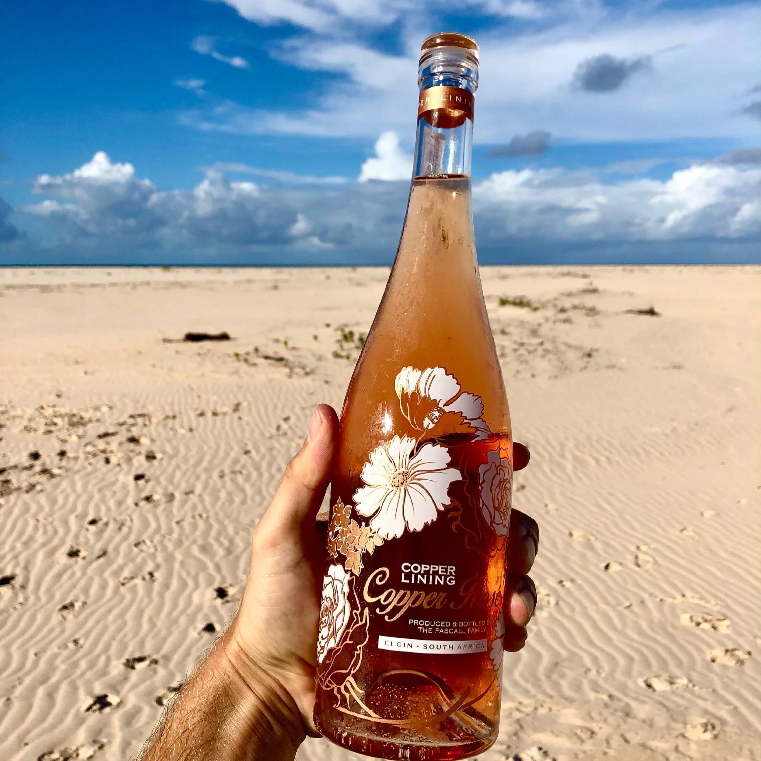 A hand holding a bottle of Copper Lining Copper rosé wine with a floral design label, against a sandy beach with scattered footprints, on a partly cloudy sky day.
