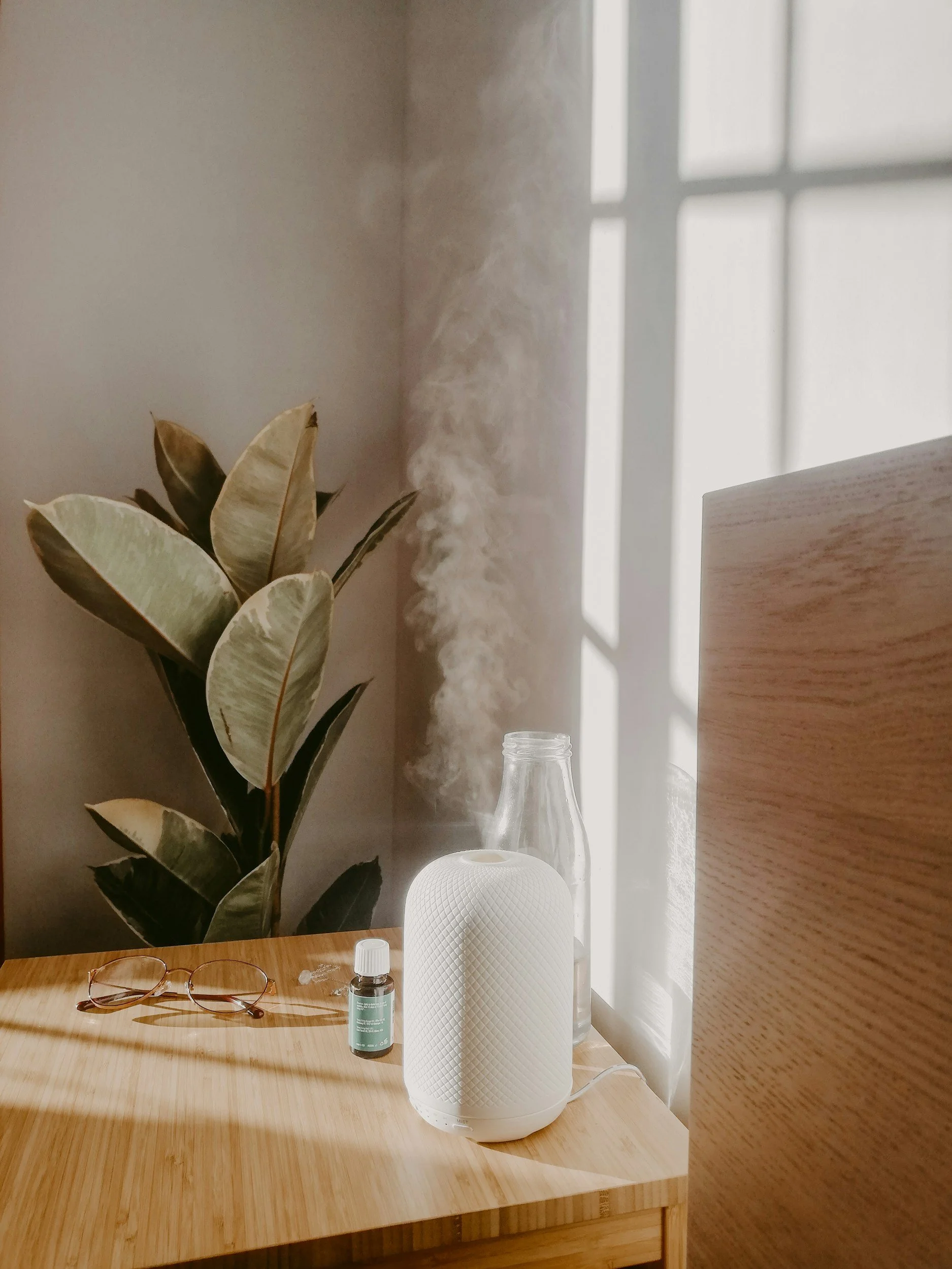 A wooden table with a pair of glasses, a small bottle, and a white diffuser. In the background, a potted plant with large, variegated leaves sits next to a diffuser with vapours rising from it, near a window with sunlight streaming through.