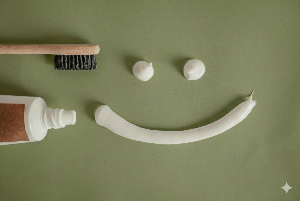 Cream and brown toothpaste bottle, wooden brush, two dollops of white toothpaste, forming a smiley face on a green background.