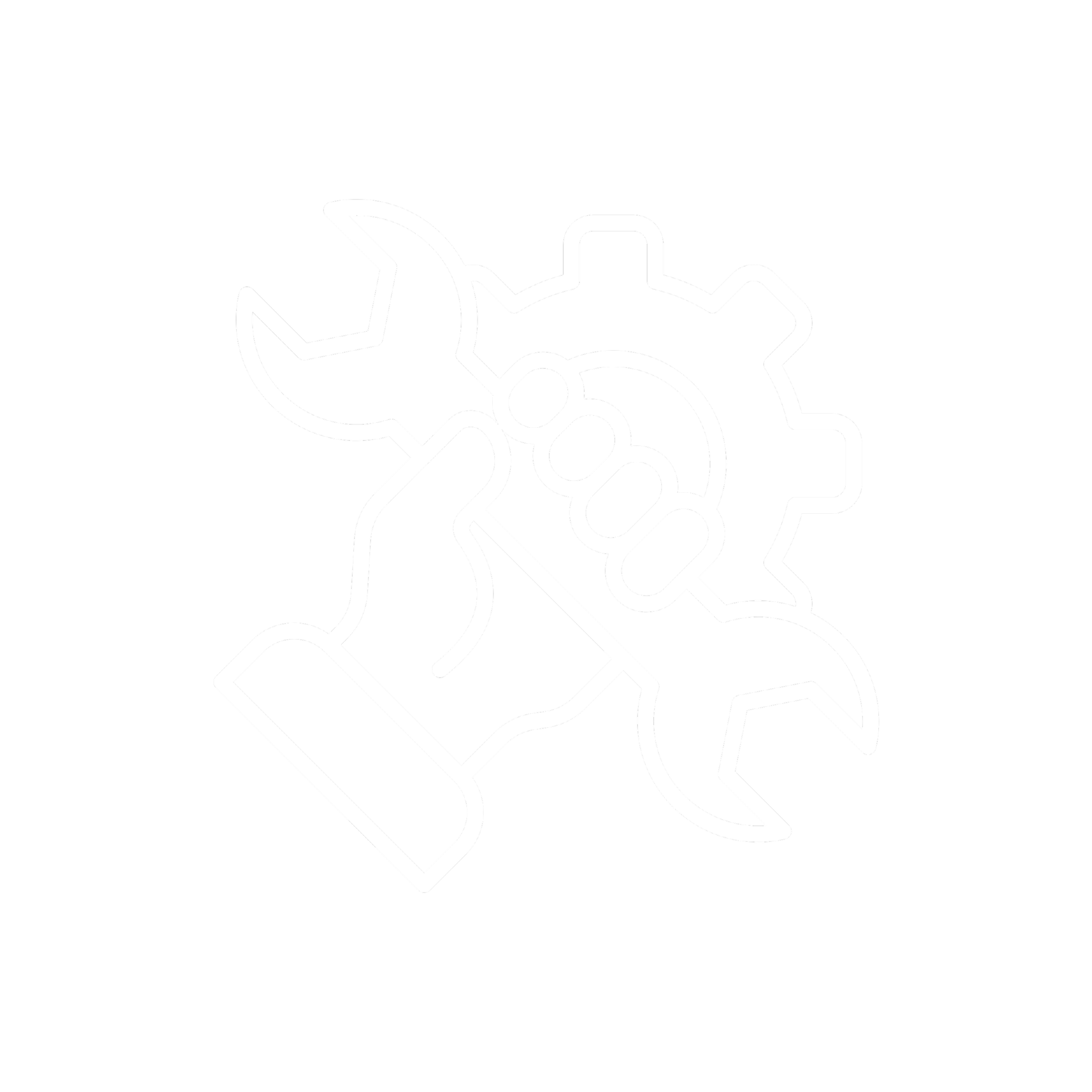 White outline icon of a hand holding a wrench and gear on a black background.