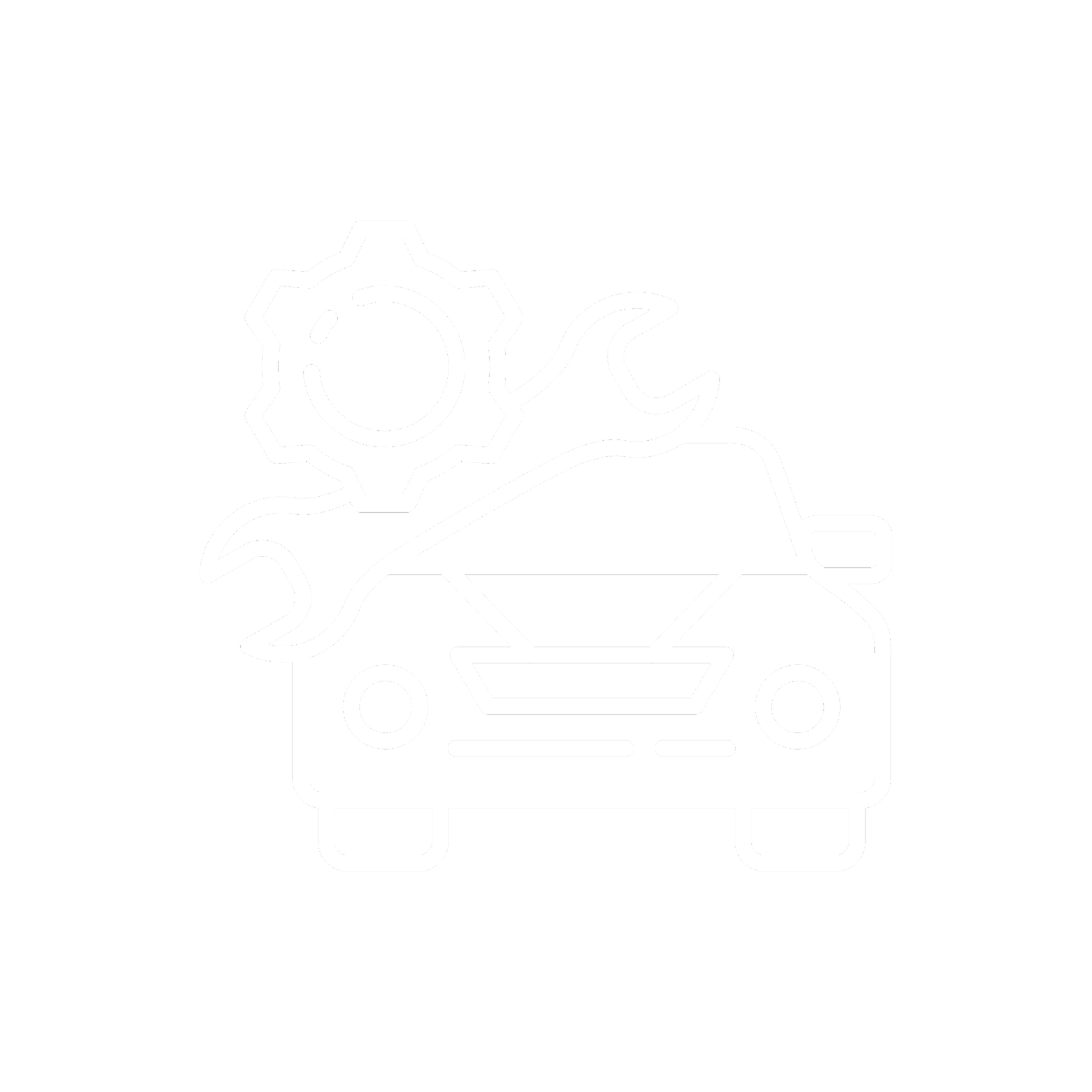 Line drawing of a car with a gear and wrench above it, indicating car maintenance or repair.