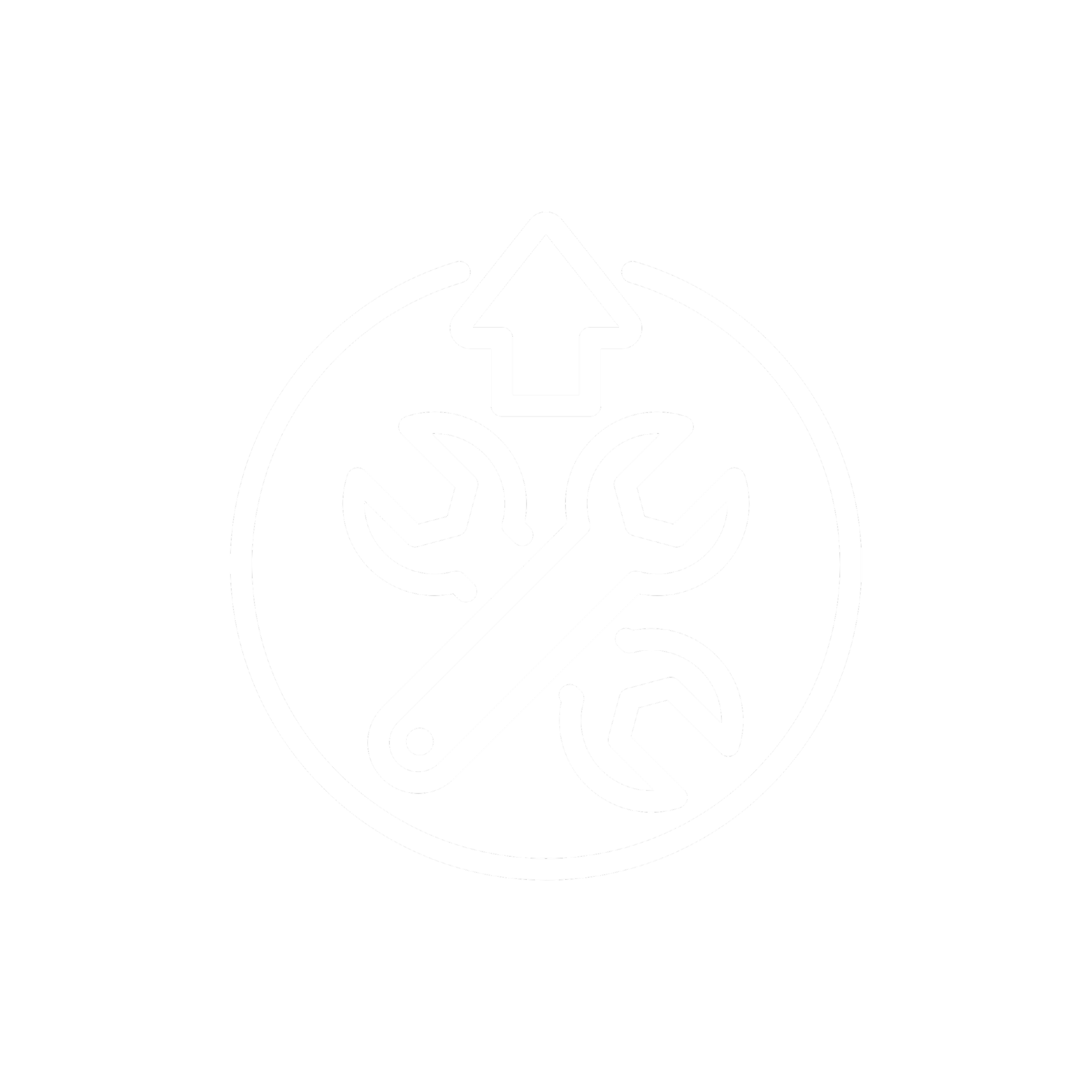 Repair tools icon with wrench, screwdriver, and hammer inside a circle, and an upward arrow above, on a black background.