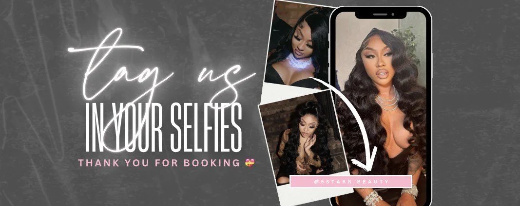 Promotion for taking selfies with three images of a woman modeling different poses, a neon-style text that says 'tag us in your selfies,' and a pink box with social media handle '@5starr.beauty'.