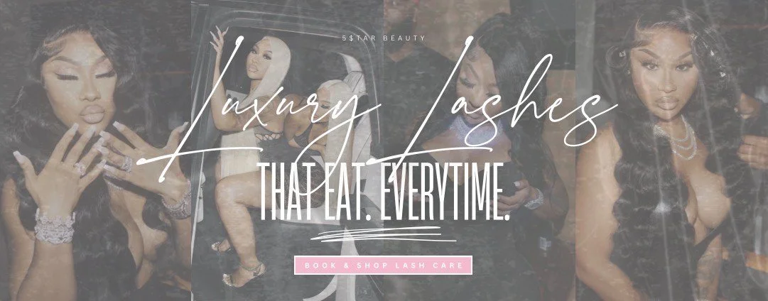 Promotional image for Lash luxury lashes, featuring women with long, curly eyelashes, with the text "Luxurious Lashes that Eat. Every Time" and a pink banner for lash care.