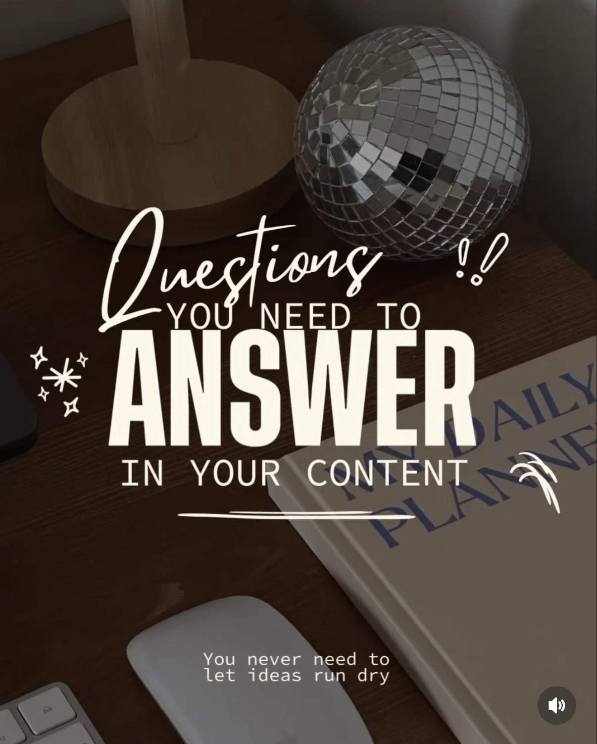 Motivational quote overlay on a desk scene with a disco ball, a wooden coaster, a book titled 'PLANNING', a computer mouse, and a keyboard.