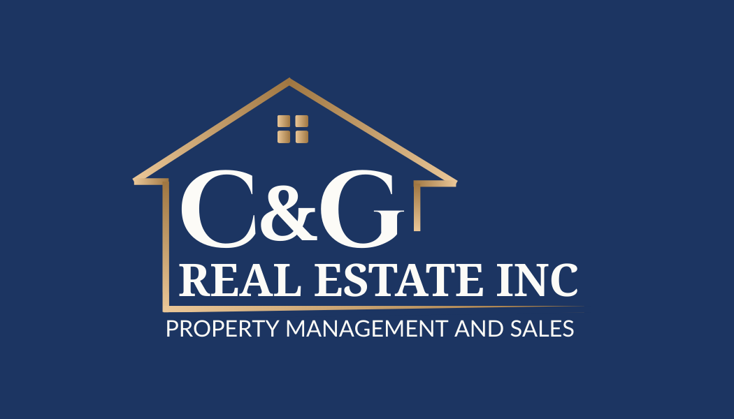 Logo for C&G Real Estate Inc showing a stylized house outline with the company name and a tagline for property management and sales.