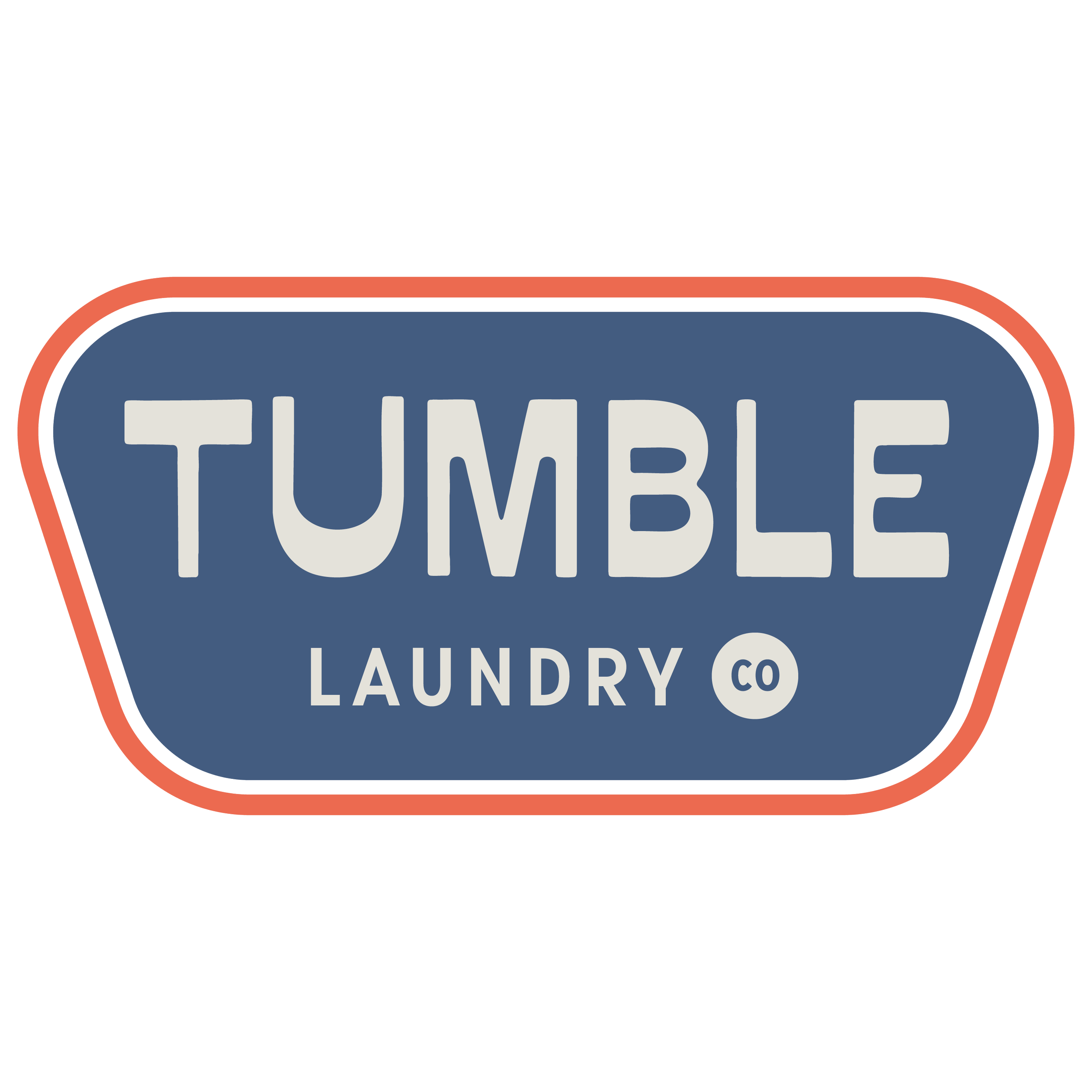 Logo for Tumble Laundry Co with a blue background, white text, and a red border.
