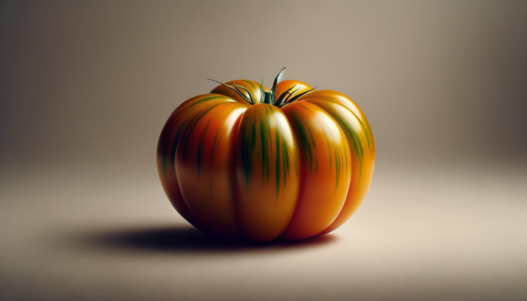 A large, ripe heirloom tomato with a blend of orange, green, and yellow hues, sitting on a plain surface with a neutral background.