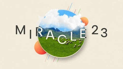 A logo for Miracle 23 featuring a circular landscape with grass, sheep, and mountains, partly covered by clouds, with colorful lines and circles around it.