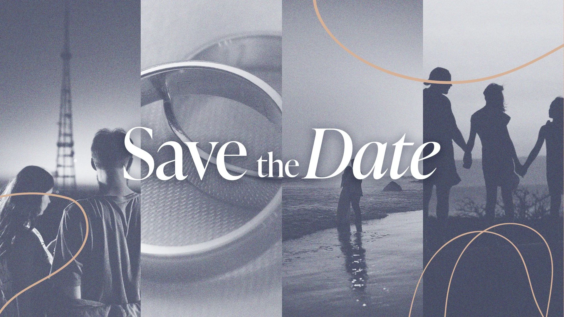 A grayscale image with the text 'Save the Date' overlayed. The background depicts a beach scene with people holding hands, walking along the shoreline, and a large wedding ring in the center, symbolizing a wedding or engagement.