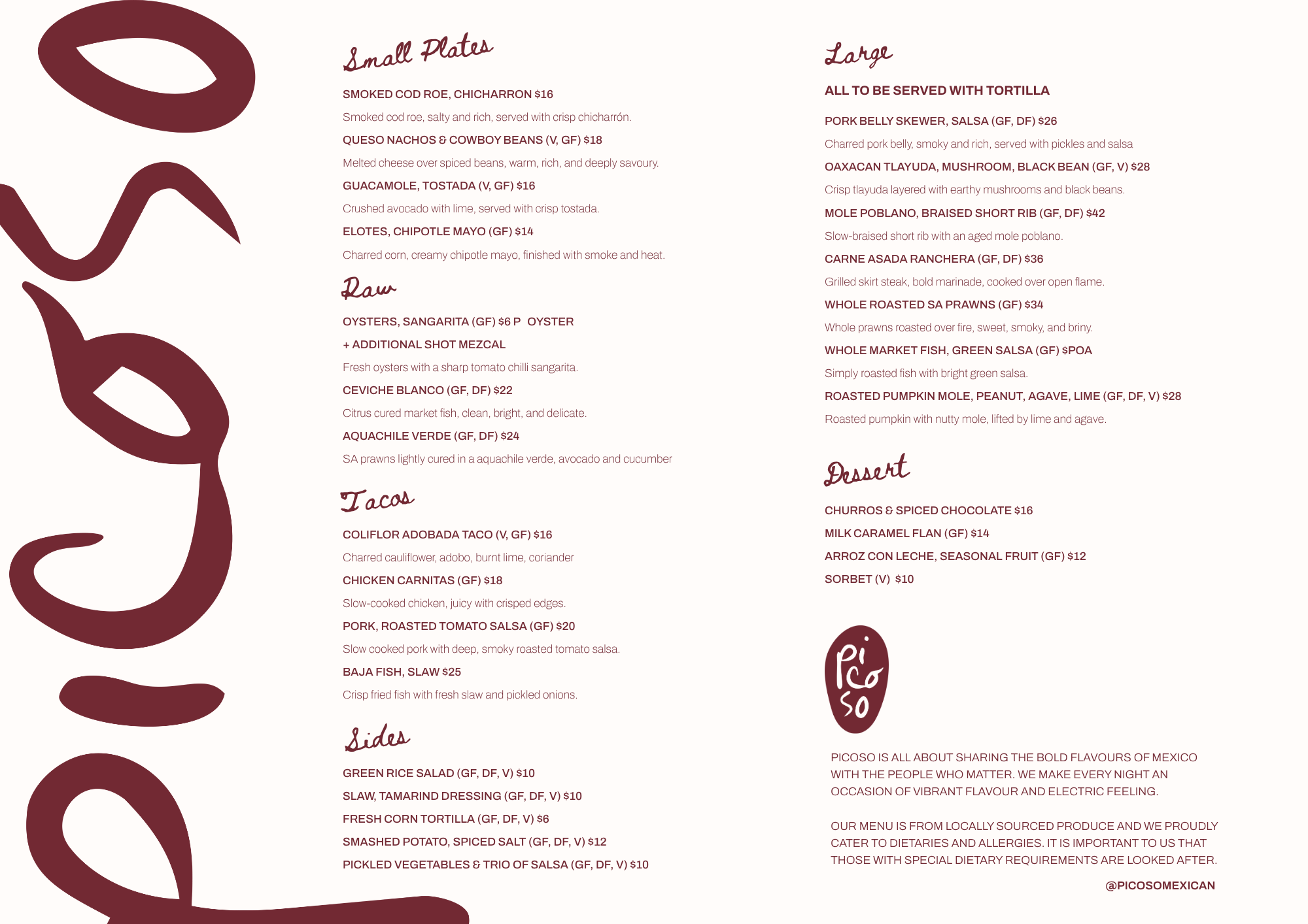 Picoso Mexican Restaurant Menu