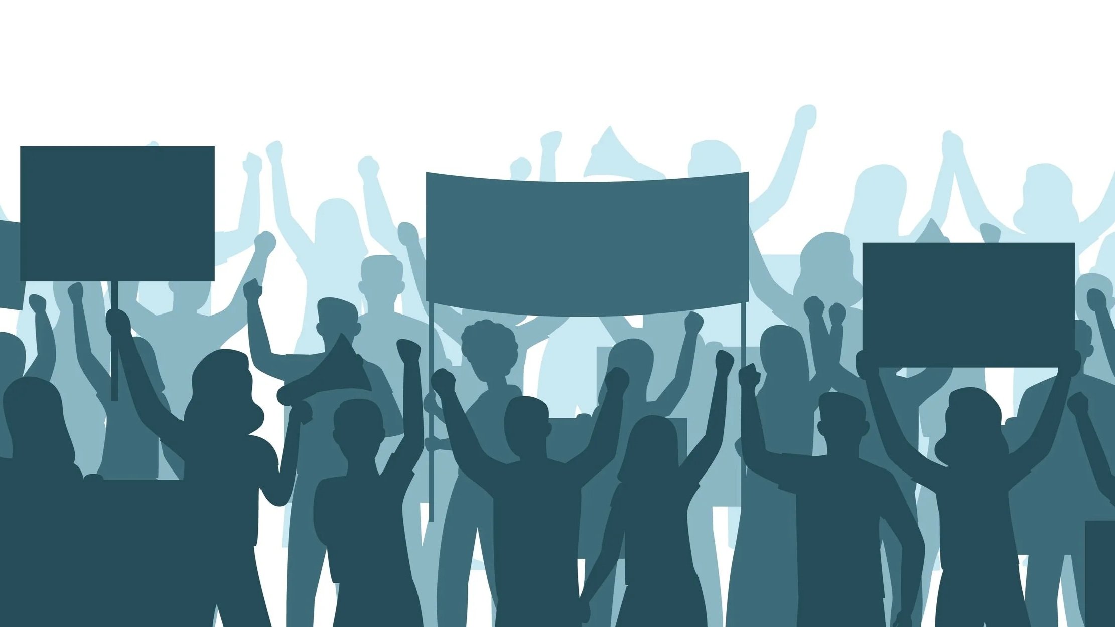 Illustration in different shades of blue of people at a rally or protest.