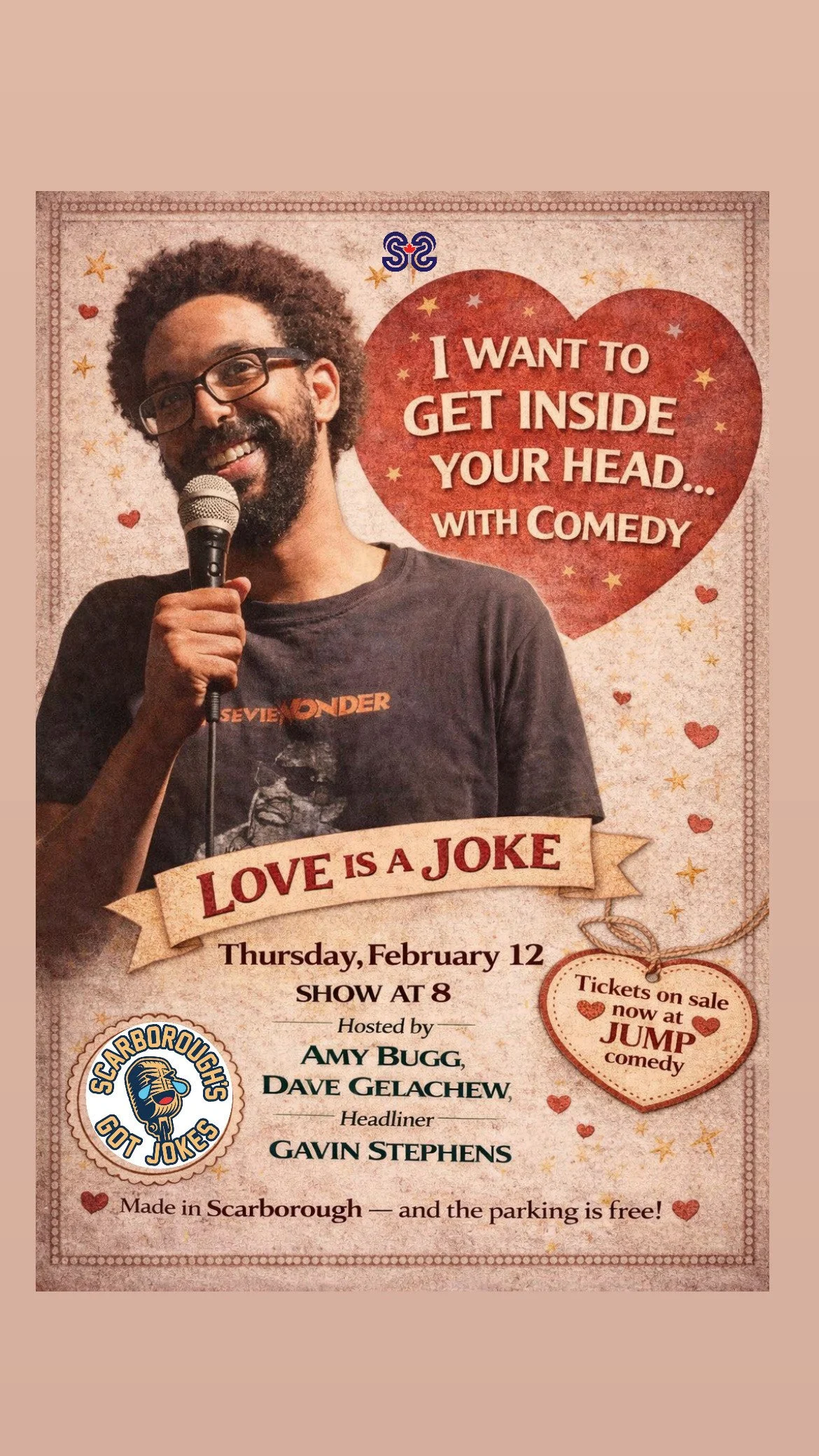 Poster advertising a comedy show featuring a man with glasses holding a microphone, smiling. The poster includes a red heart with the text "I want to get inside your head... with comedy" and