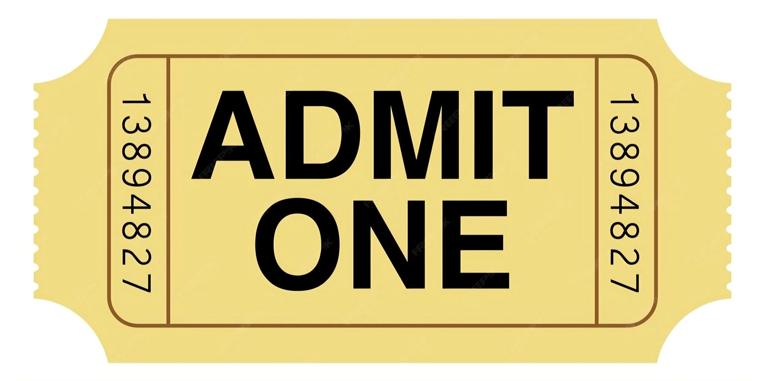 A yellow ticket with black text that reads "Admit One" and serial numbers on both sides.