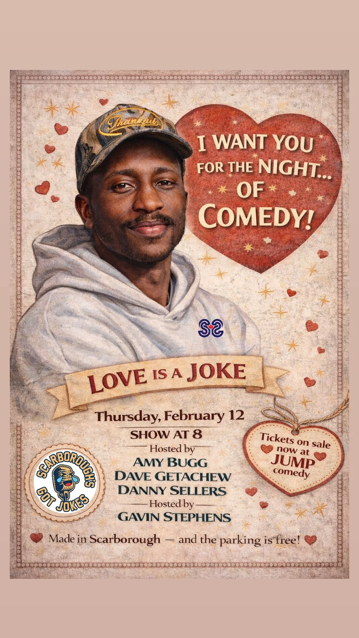 A promotional poster for a comedy show featuring a man with a cap and hoodie, with hearts, stars, and text about love, comedy, and event details.