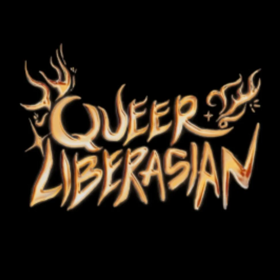 Text reading 'Queer Libertasian' with flames and fiery design on a black background.