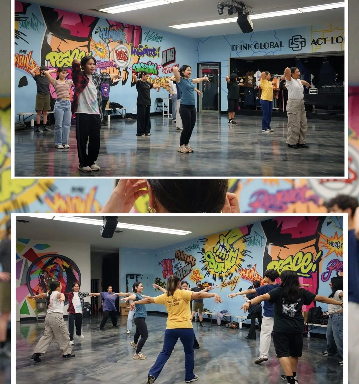 People participating in a dance class in a colorful studio with graffiti-style murals on the walls.