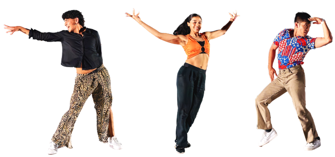 Three people dancing with energetic poses, wearing colorful and casual outfits.