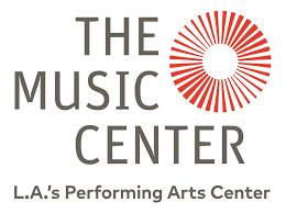 Logo of The Music Center, L.A.'s Performing Arts Center, with the name and an abstract red circular design.