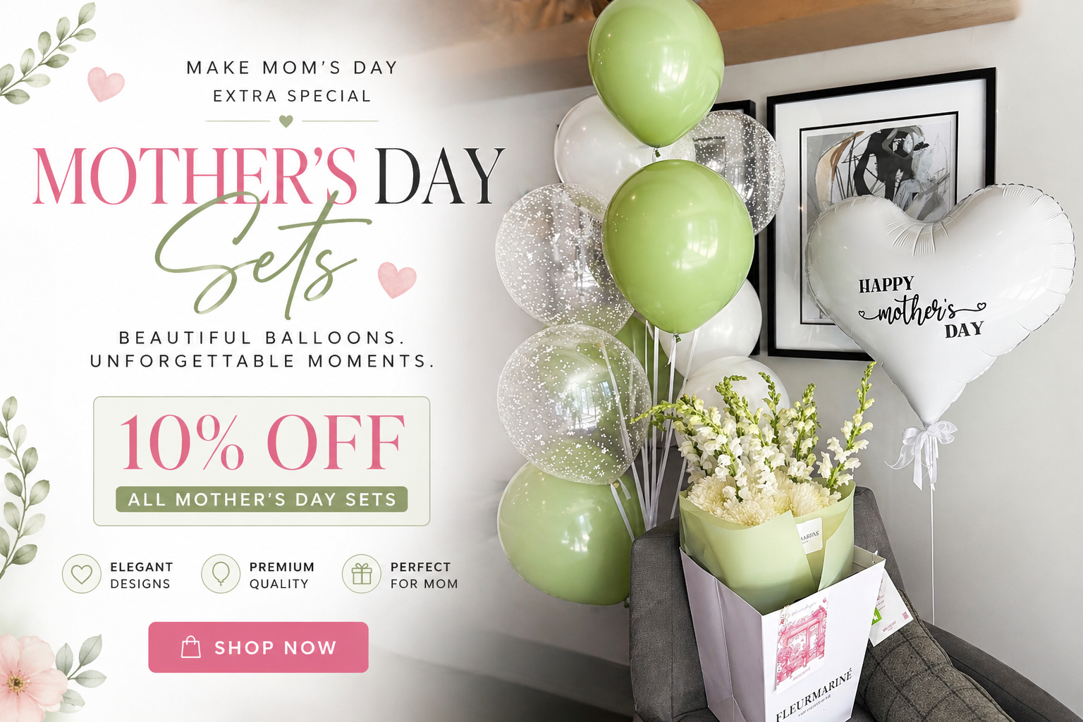 Mother’s Day balloon delivery in Milwaukee featuring green, white and clear balloons, confetti bubble balloon, and custom “Happy Mother’s Day” text.