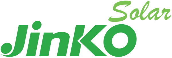 Green text spelling 'Jinko Solar' with a stylized sun above the 'i'