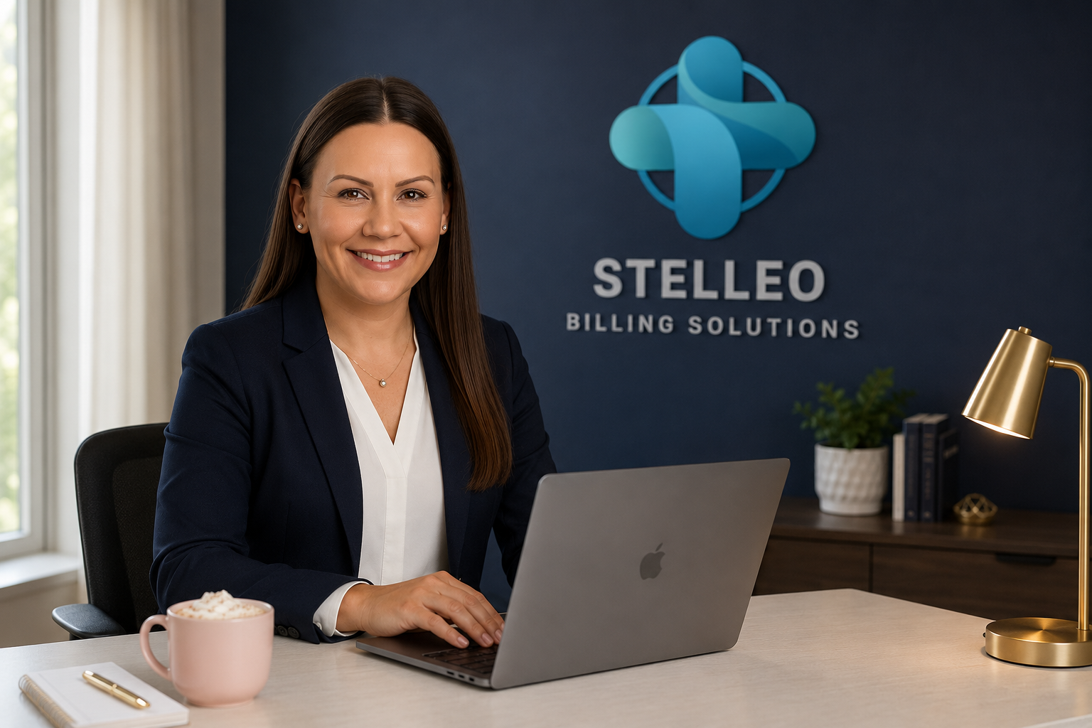 A woman sitting at a desk with a laptop in front of her, smiling, in an office with a blue wall featuring a logo that says 'STELLEO BILLING SOLUTIONS' and a stylized blue symbol, a gold desk lamp, a potted plant, and a few books.