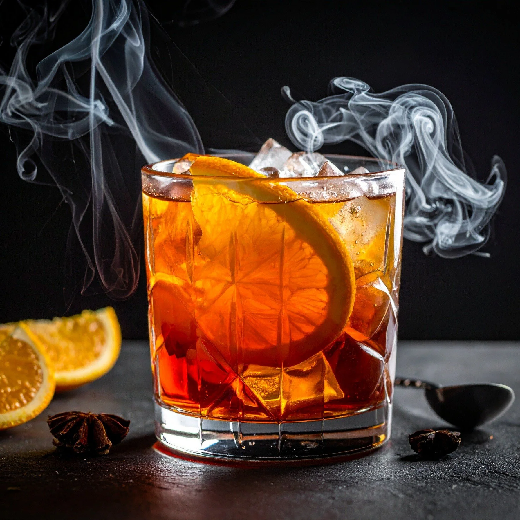 A glass of bourbon with ice and a slice of orange, with additional orange slices and star anise around it, against a dark background with wisps of smoke.