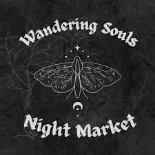 Design featuring a moth with a crescent moon and stars, text reads 'Wandering Souls Night Market' on a chalkboard-style background.