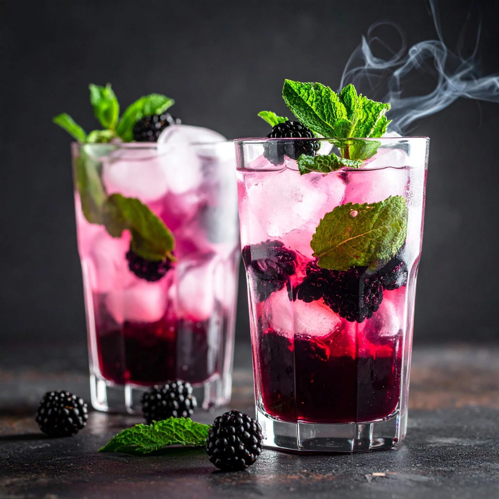 Two glasses of blackberry and mint infused pink drink with ice, fresh blackberries, and mint leaves on a dark surface with a dark background, one glass with steam or smoke rising.