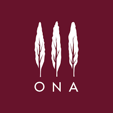 Logo with three white feathers and the letters 'ONA' below on a maroon background